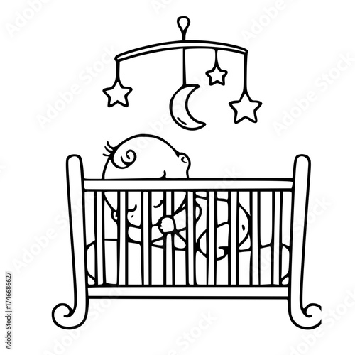 Baby sleeping crib moon stars outline illustration