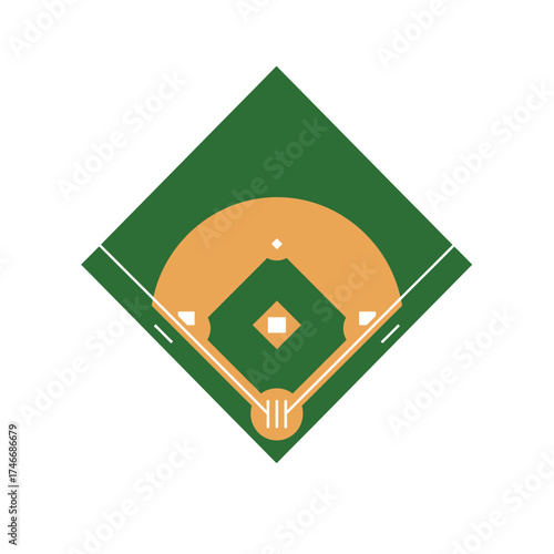 A clean, minimalist illustration showcasing a baseball diamond's infield, complete with bases and home plate on a vibrant green surface, ideal for athletic-themed designs.