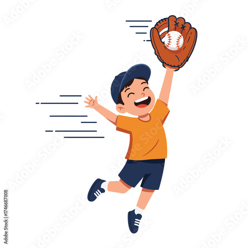 An energetic young boy, full of joy and enthusiasm, leaps high to catch a baseball with his glove, embodying youthful sport and active play.