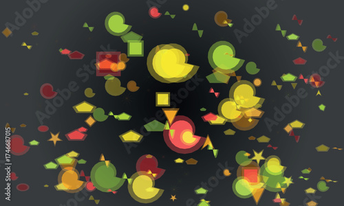 Abstract geometric shapes floating in colorful arrangement on dark background