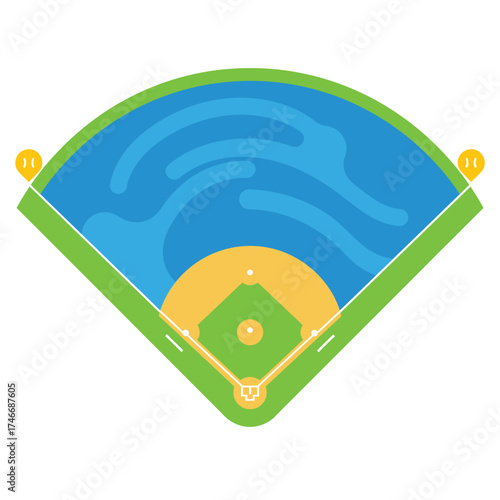 A vibrant, top-down vector illustration depicts a classic baseball field with a green outfield, brown infield, and white bases, ready for an exciting game.