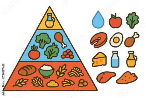 Colorful Diet Pyramid. Diet pyramid flat icon set. triangle chart, base grains, second layer veggies, third layer proteins, fourth layer dairy, top fats, water icon, healthy guide.
