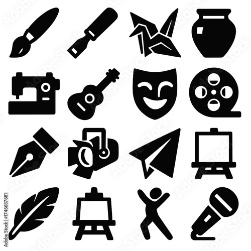 Artistic Icon Set. Creative Invention silhouette set. paintbrush, chisel, origami crane, clay pot, sewing machine, guitar, theater mask, film reel, fountain pen, stage spotlight