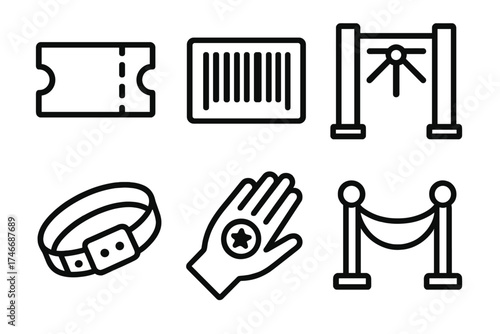 Event Access Icons. Event admission outline set. ticket, barcode, turnstile, gate, wristband, stamp.