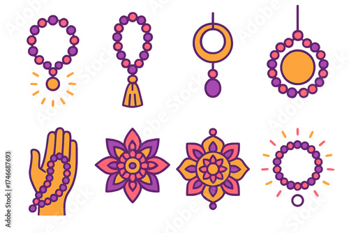 Spiritual Necklace Icons. Spiritual strand flat icon set. round bead chain, prayer necklace, detailed tassel, hanging circle, glowing strand, open palm with beads, sacred ornament