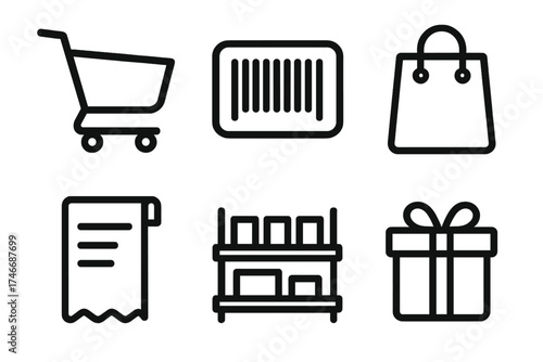 Shopping Icons Display. Shopping item outline set. cart, barcode, bag, receipt, shelf, gift.