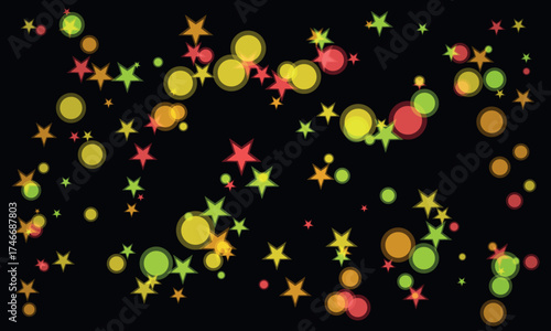 Colorful Abstract Stars and Circles on a Black Background Decorative Design