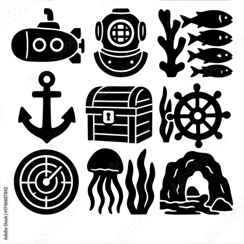 Bold Ocean Icon Set. Ocean exploration silhouette set. submarine, diving helmet, coral, fish school, anchor, treasure chest, seaweed, ship wheel, sonar screen, jellyfish, buoy