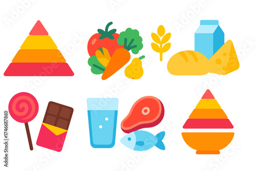 Balanced Diet Pyramid. Food pyramid flat icon set. layered pyramid, fruits and vegetables, bread and grains, dairy products, meat and fish, sweets at top, water glass, balanced