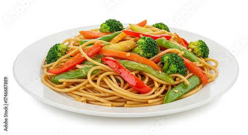 A plate of lo mein noodles with assorted vegetables including broccoli carrots red peppers and snow peas