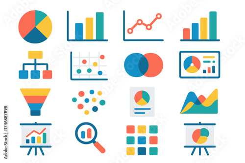 Data Visualization Icons. Visual Summary flat icon set. pie chart, bar chart, line graph, histogram, flowchart, scatter plot, Venn diagram, dashboard, funnel, cluster dots
