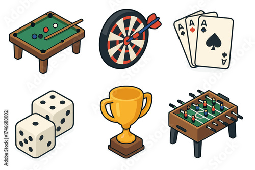 Isometric Game Room Icons. Classic game room isometric set. pool table, dartboard, playing cards, dice, trophy, foosball.