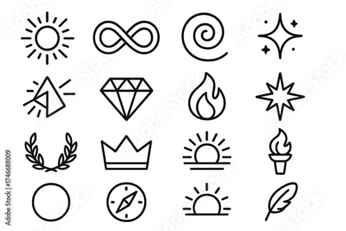 Radiant Symbolic Fusion. Symbolic Discovery outline set. radiant aura, infinity loop, spiral, glowing spark, prism, diamond, flame, star, laurel wreath, crown, sun, torch flame