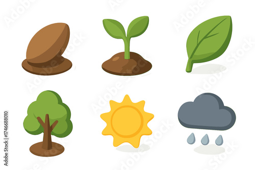 Nature Growth Icons. Nature growth isometric set. seed, sprout, leaf, tree, sun, rain cloud.