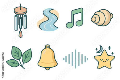 Soft Sound Icons. Soft Sounds isometric set. wind chime, flowing river, music note, seashell, rustling leaves, gentle bell, sound wave, lullaby star.