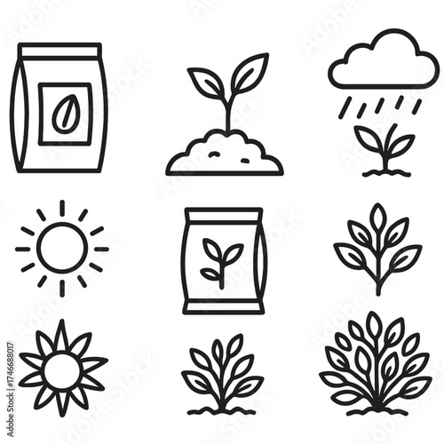 Growth Icon Set. Growth outline set. seed packet, soil mound, germinating sprout, leafy stem, rain cloud, sun rays, fertilizer bag, flourishing bush.