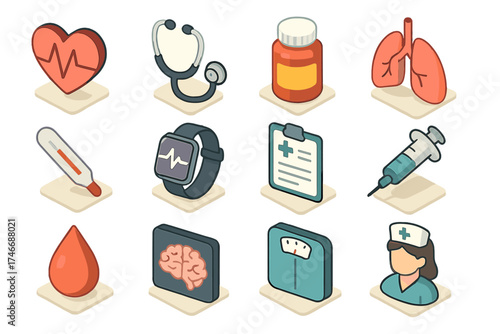 Medical Icon Set. Health status isometric set. heartbeat line, stethoscope, pill bottle, lungs, thermometer, smartwatch, hospital chart, syringe, blood drop, brain scan, scale