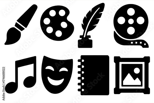 Bold Creative Icons. Creative Collaboration silhouette set. paintbrush, palette, quill pen, film reel, music notes, theater mask, sketchbook, gallery frame.