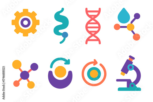 Vibrant Enzyme Icons. Enzyme flat icon set. catalytic gear, protein fold, abstract helix, droplet on molecule, chemical bonds, enzyme site, reaction circle, microscope.