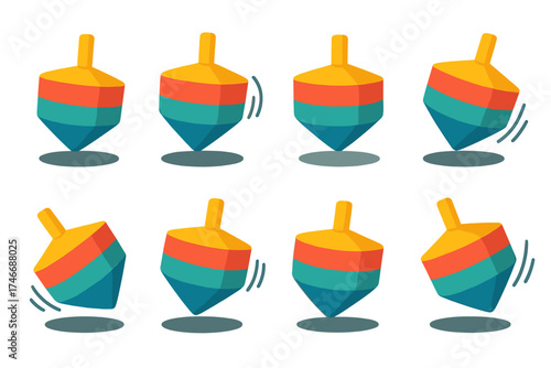 Vibrant Dreidel Spin. Spinning top flat icon set. dreidel mid-spin, rotating toy, dreidel with blur, dreidel at angle, motion lines, colorful dreidel, shadowed spin, playful turn.