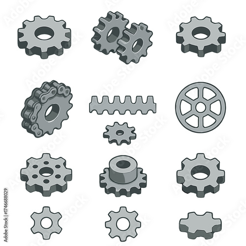 Sprocket Icon Set. Sprocket Basics isometric set. single sprocket gear, double sprocket, small sprocket, large sprocket, sprocket with chain, isolated gear teeth, sprocket wheel
