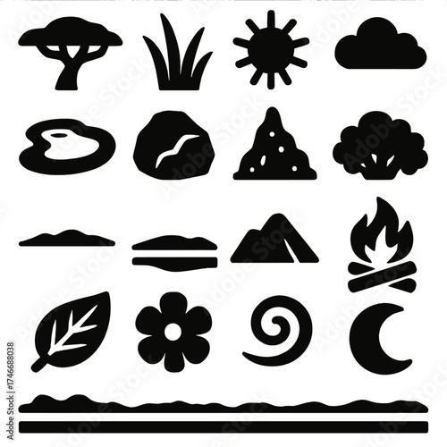 Savanna Icon Collection. Natural Savanna silhouette set. acacia tree, grass, sun, cloud, watering hole, rock, termite mound, bush, river, horizon, mountain, fire, leaf, flower