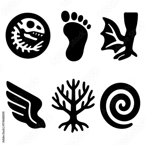 Evolution Icon Set. Evolution shift silhouette set. fossil, footprint, fin-to-leg, wing, tree of life, spiral.