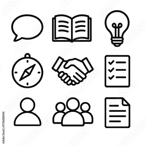 Advisory Icon Set. Advisory outline set. speech bubble, open book, light bulb, handshake, compass, checklist, group of people, document.