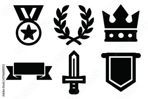 Bold Honor Icons. Honor in action silhouette set. medal, laurel wreath, crown, ribbon, sword, banner.