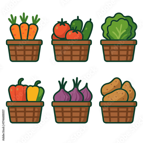 Vibrant Vegetable Baskets. Fresh baskets flat icon set. carrot basket, tomato basket, cucumber basket, lettuce basket, pepper basket, onion basket, potato basket, garlic basket.