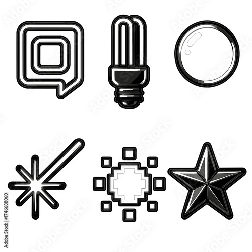Neon Pixel Icons. Unnatural shine outline set. neon sign, fluorescent bulb, chrome sphere, laser beam, pixelated sun, metallic star.