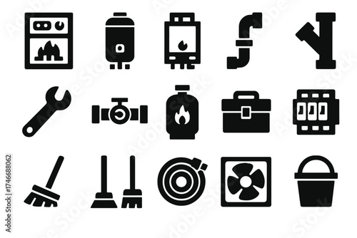 Brutalist Utility Icons. Utility Basement silhouette set. furnace, water heater, boiler, pipe, wrench, valve, gas tank, toolbox, broom, mop, hose, circuit breaker, gauge, ladder