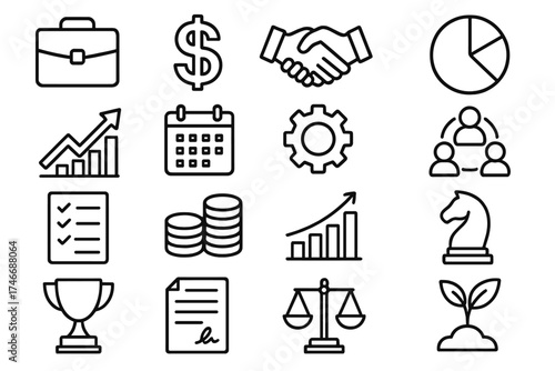 Business Iconography Essentials. Business Optimization outline set. briefcase, dollar sign, handshake, pie chart, rising arrow, calendar, cogwheel, team circle, checklist, stacked