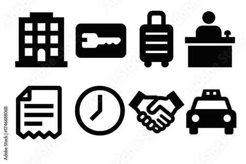 Brutalist Hotel Icons. Hotel Checkout silhouette set. hotel building, room keycard, luggage bag, reception desk, invoice paper, clock, handshake, taxi.