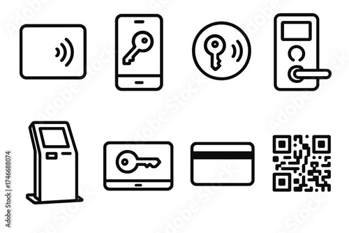 Hotel Key Icons. Modern hotel key outline set. RFID keycard, smartphone with key, NFC tag, digital lock, check-in kiosk, tablet with key, magnetic stripe card, QR code.