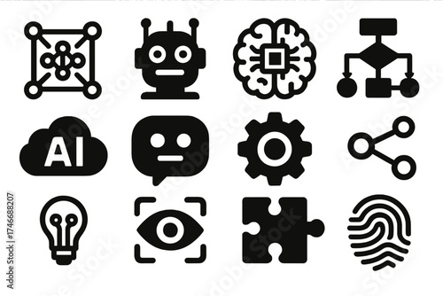 AI Icon Collection. Artificial intelligence computation silhouette set. neural network, robot head, brain chip, algorithm flowchart, cloud AI, chatbot bubble, machine gear, data