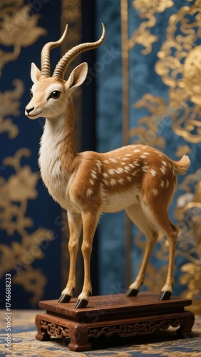 Statue of a spotted deer standing on a wooden base against a decorative blue and gold background