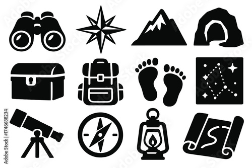 Exploration Icons Set. Exploration curiosity silhouette set. binoculars, compass rose, mountain peak, cave entrance, treasure chest, backpack, footprints, star chart, telescope