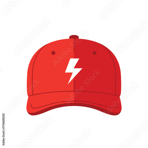 A vibrant red baseball cap featuring a striking white lightning bolt emblem, perfectly illustrating modern style and energetic branding on a clean background.