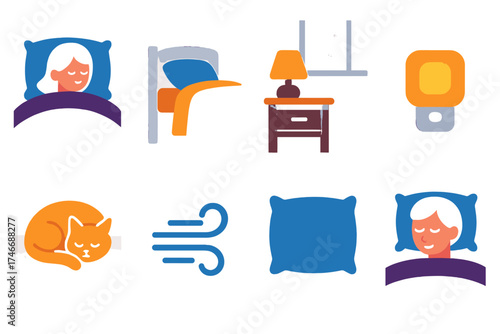 Cozy Night Bliss. Nighttime comfort flat icon set. cozy bed, tucked-in blanket, quiet room, glowing nightlight, snuggled pet, cool breeze, soft pillow, closed eyes.