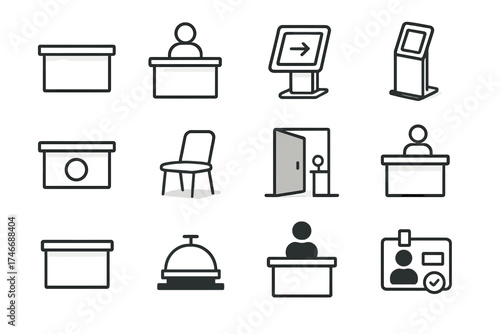 Isometric Desk Icon Set. Welcome Desk UI isometric set. minimal desk icon, person with counter outline, digital sign-in symbol, kiosk touch screen, desk with abstract icon, waiting
