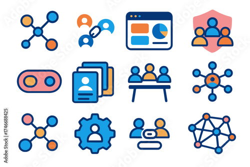 Cohesion Icon Set. Cohesion UI flat icon set. connected nodes icon, linked user profiles, app dashboard unity, digital community badge, cohesion toggle, layered group cards, shared