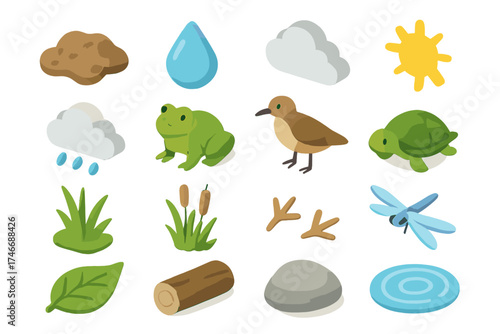 Isometric Marsh Icons. Natural Marsh isometric set. mud, water droplet, cloud, sun, rain, frog, bird, turtle, reeds, cattails, footprints, dragonfly, leaf, log, rock, ripple.