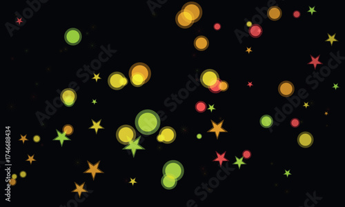 Colorful stars and circles floating against a dark and infinite backdrop