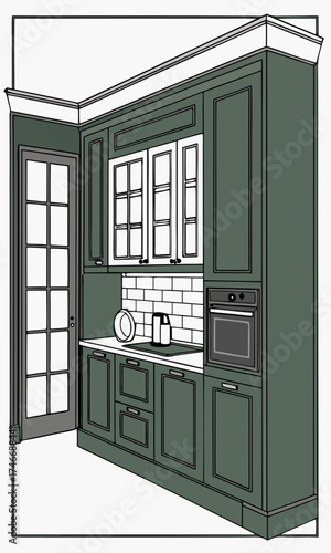Green kitchen cabinets design modern kitchen illustration home interior design kitchen remodel cabinetry design kitchen layout appliance placement kitchen storage green kitchen ideas kit.