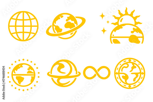 Brutalist Equator Icons. Creative equator silhouette set. neon globe line, glowing Earth ring, cosmic latitude, fractal sun over Earth, starry planet belt, abstract swirl Earth