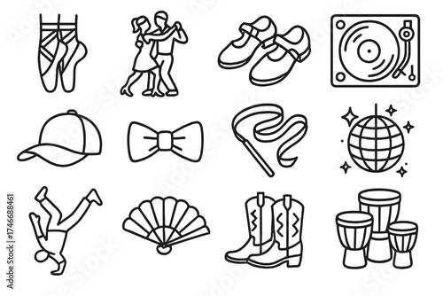 Dance Icons Collage. Dance rhythm outline set. ballet shoes, salsa couple, tap shoes, DJ turntable, hip hop cap, ballroom bowtie, rhythmic gymnast ribbon, disco ball, breakdance
