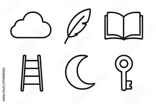 Dream Icons Collection. Personal dreams outline set. cloud, feather, book, ladder, moon, key.