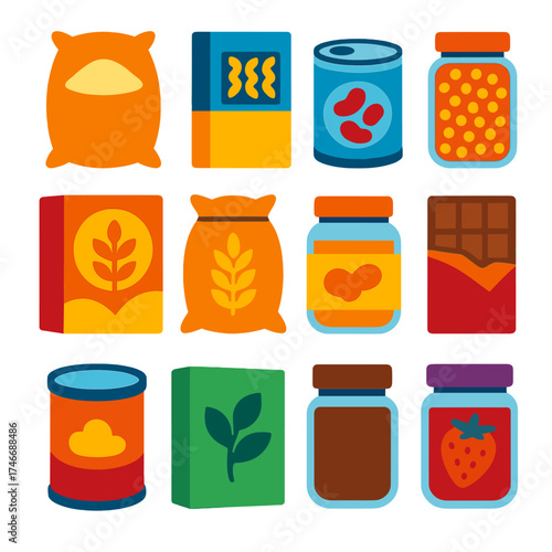 Modern Pantry Icons. Ingredients Pantry flat icon set. rice sack, pasta box, canned beans, lentil jar, cereal box, oats bag, peanut butter jar, chocolate bar, baking powder tin