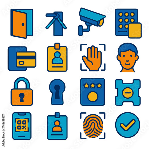 Modern Access Icons. Access Authorization flat icon set. open door, turnstile gate, security camera, keypad, card swipe, ID badge, hand scan, face ID, lock, keyhole, passcode